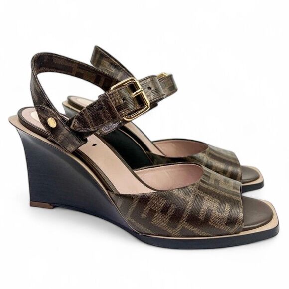 FENDI Tobacco Brown FF Zucca Logo Coated Canvas Wedge Sandals Size EU38.5 - Picture 3 of 14